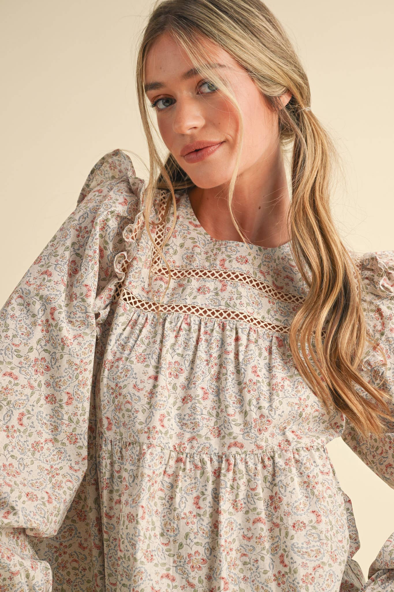 Ruffled Puff Sleeve Lace Trim Top