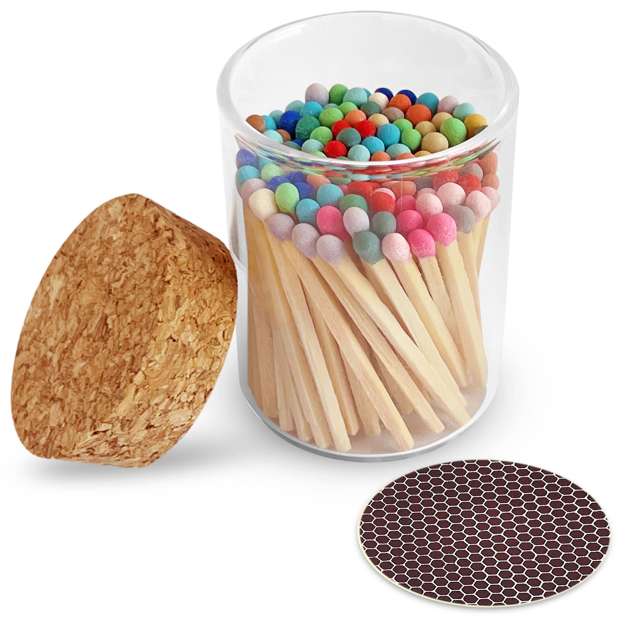 Glass jar with colorful wooden matches, cork lid, 