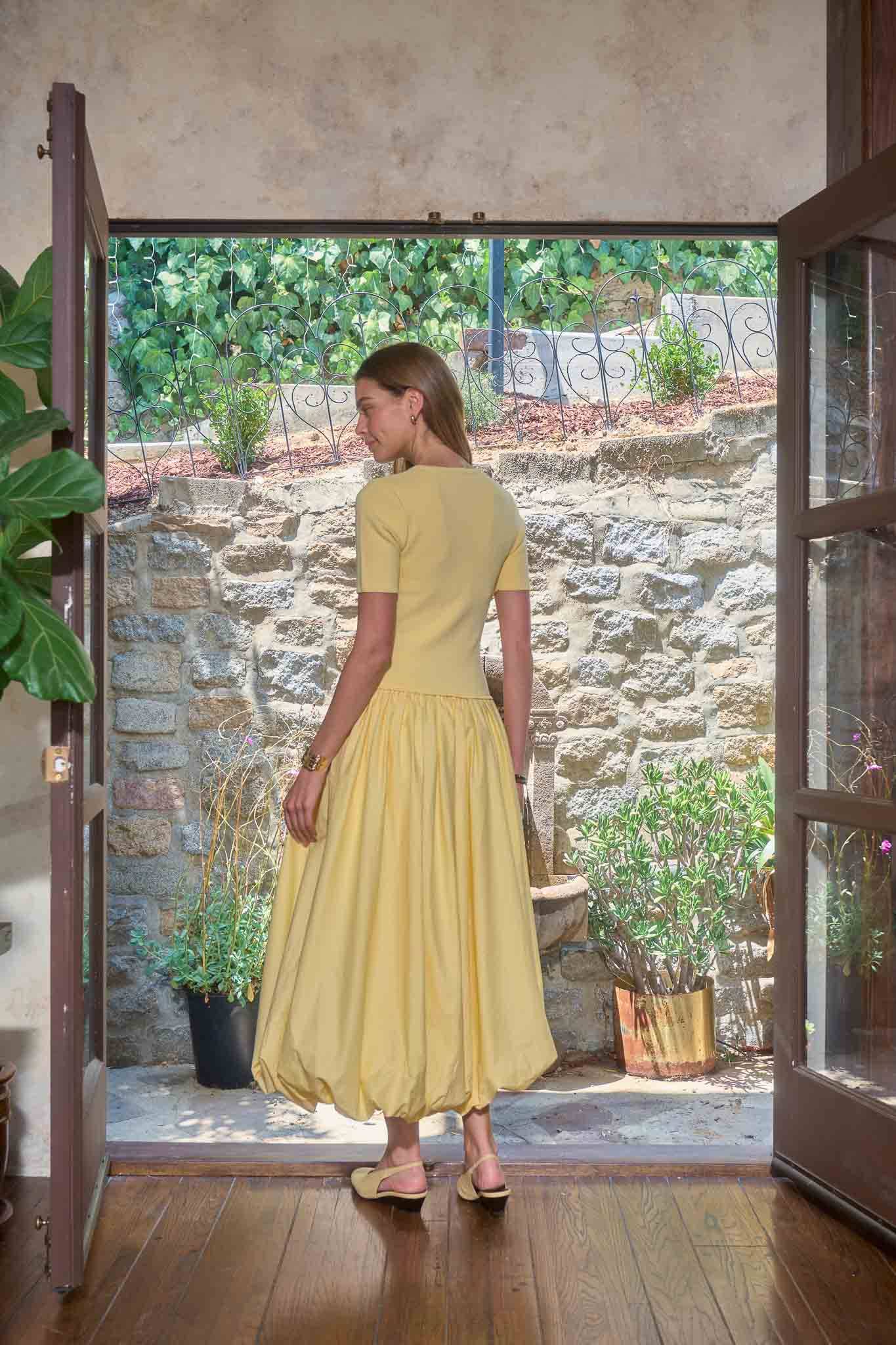 Short Sleeve Crewneck Bubble Skirt Midi Dress