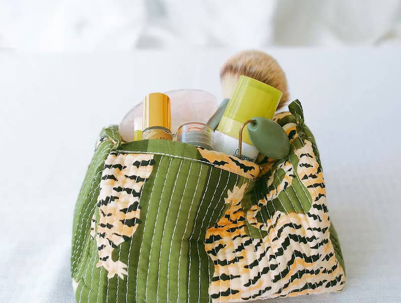 Green Tiger Animal Print Quilted Cotton Cosmetic / Toiletry Bag