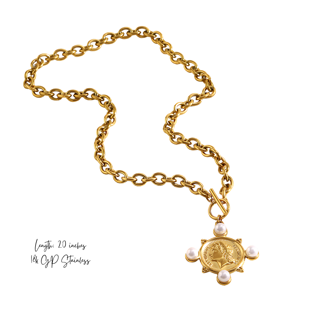 Gold chain necklace with a decorative pendant on a white background