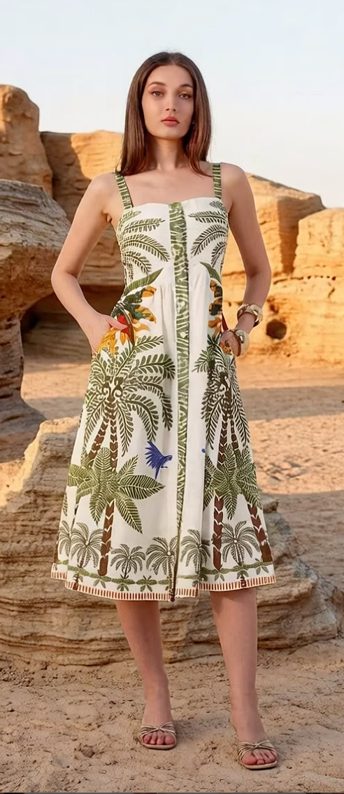Woman wearing Aylaya palm and floral dress standing in a desert-like setting with rock formations.