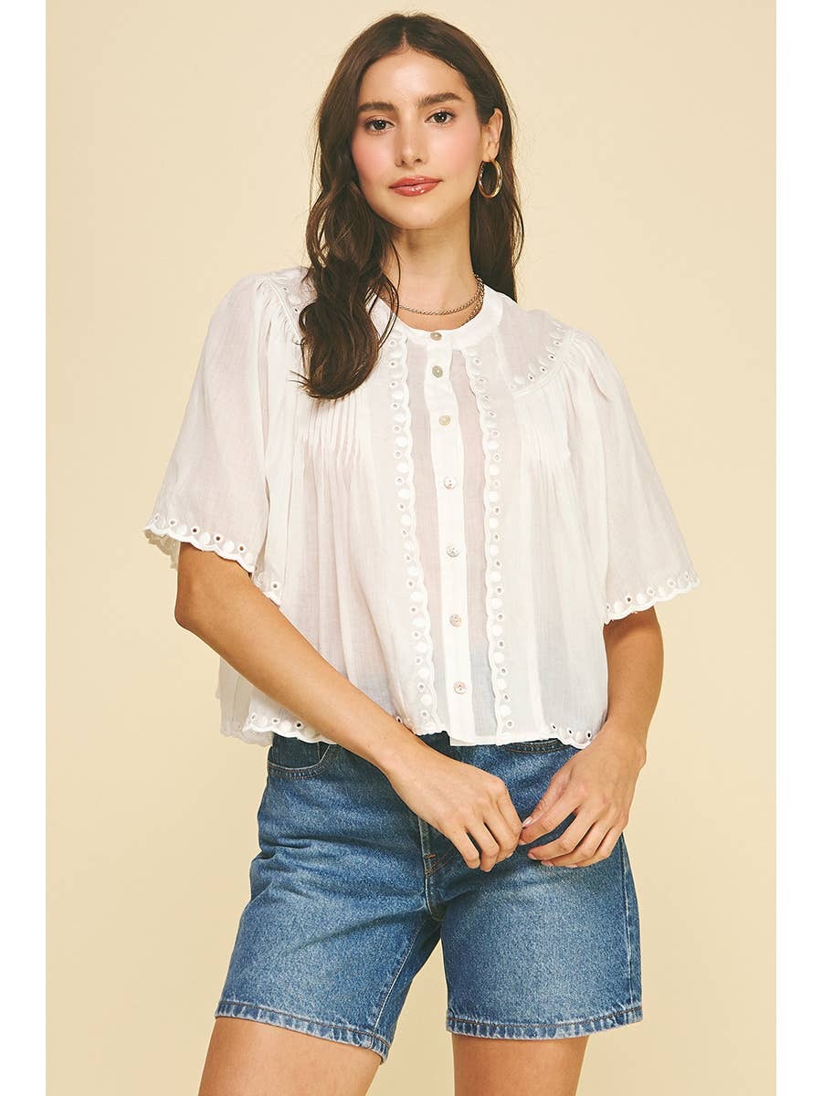 White Eyelet Trimmed Button Down Shirt