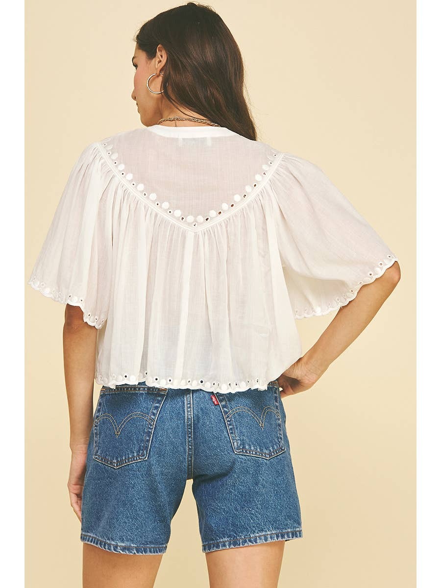 White Eyelet Trimmed Button Down Shirt