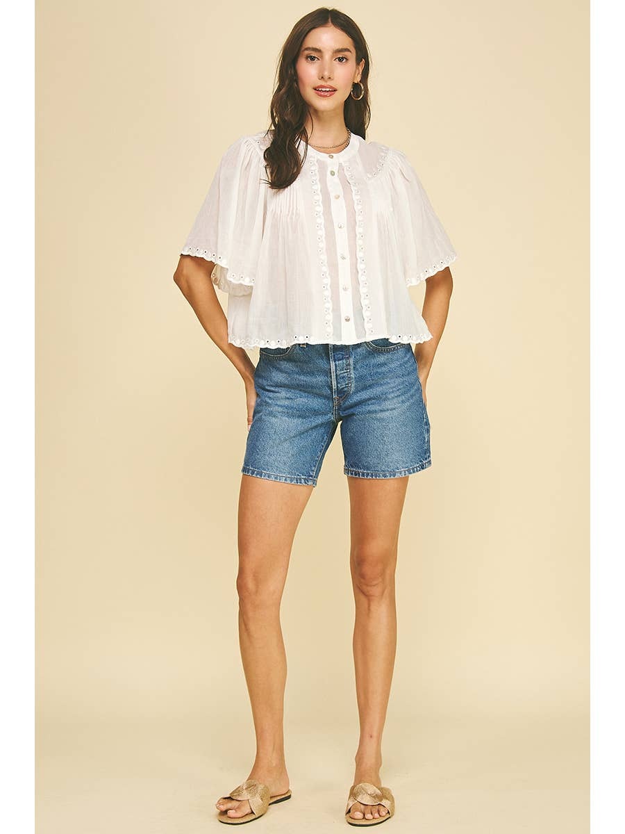 White Eyelet Trimmed Button Down Shirt