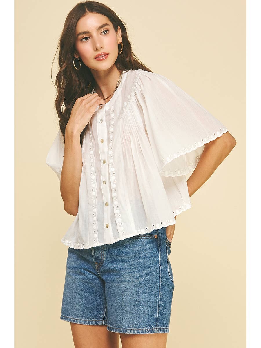 White Eyelet Trimmed Button Down Shirt